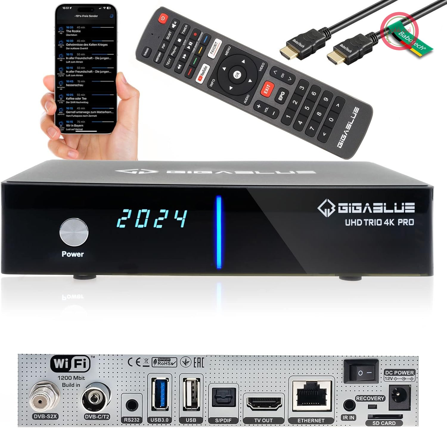 گیرا بلو - گیرنده ماهواره‌ای UHD تریو 4K PRO - DVB-S2X/C/T2 - با قابلیت ضبط روی USB/SD - وای‌فای 1200 مگابیت بر ثانیه - HDMI, USB, LAN, Bluetooth - منبع تغذیه 12 ولت همراه با کابل HDMI Babotech®