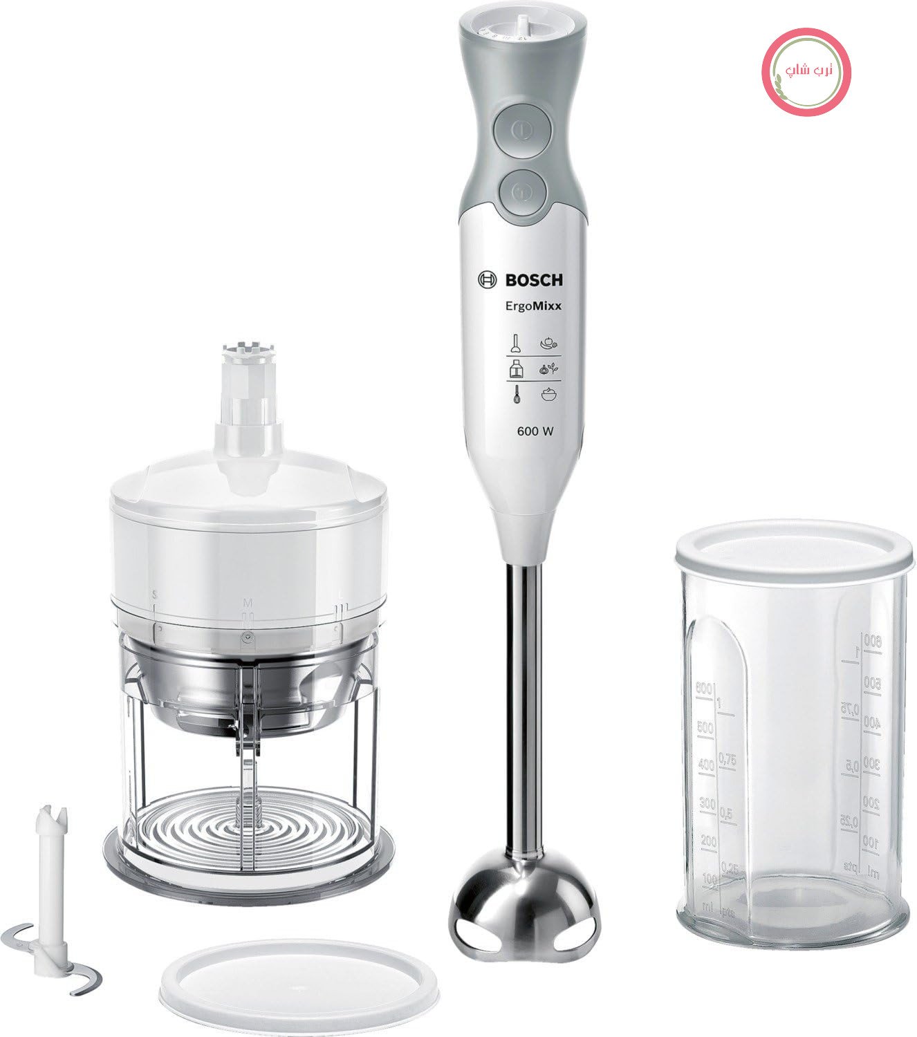 مخلوط کن دستی بوش مدل MSM66146، 600 وات، مخلوط کن VarioChopper، 3 اندازه قابل تنظیم، 12 سرعت، پایه مخلوط کن از جنس استیل ضد زنگ، سفید/طلایی