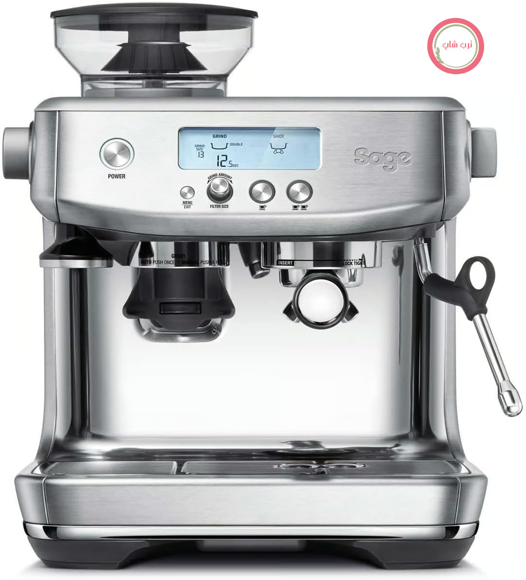 دستگاه قهوه ساز Sage The Barista Pro با عملکرد دستی، استیل ضد زنگ برس خورده | دستگاه قهوه ساز با کف ساز شیر دستی و آسیاب مخروطی یکپارچه، 30 حالت آسیاب، 1650 وات