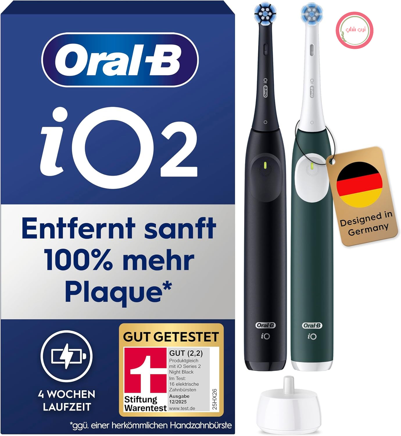 مسواک برقی اورال بی Oral-B iO Series 2 — بسته دوتایی — مسواک برقی، شامل ۲ سر مسواک — ۳ حالت تمیز کردن برای مراقبت از دهان و دندان، تست خوب (۲.۲) توسط STIFTUNG WARENTEST، مشکی/سبز