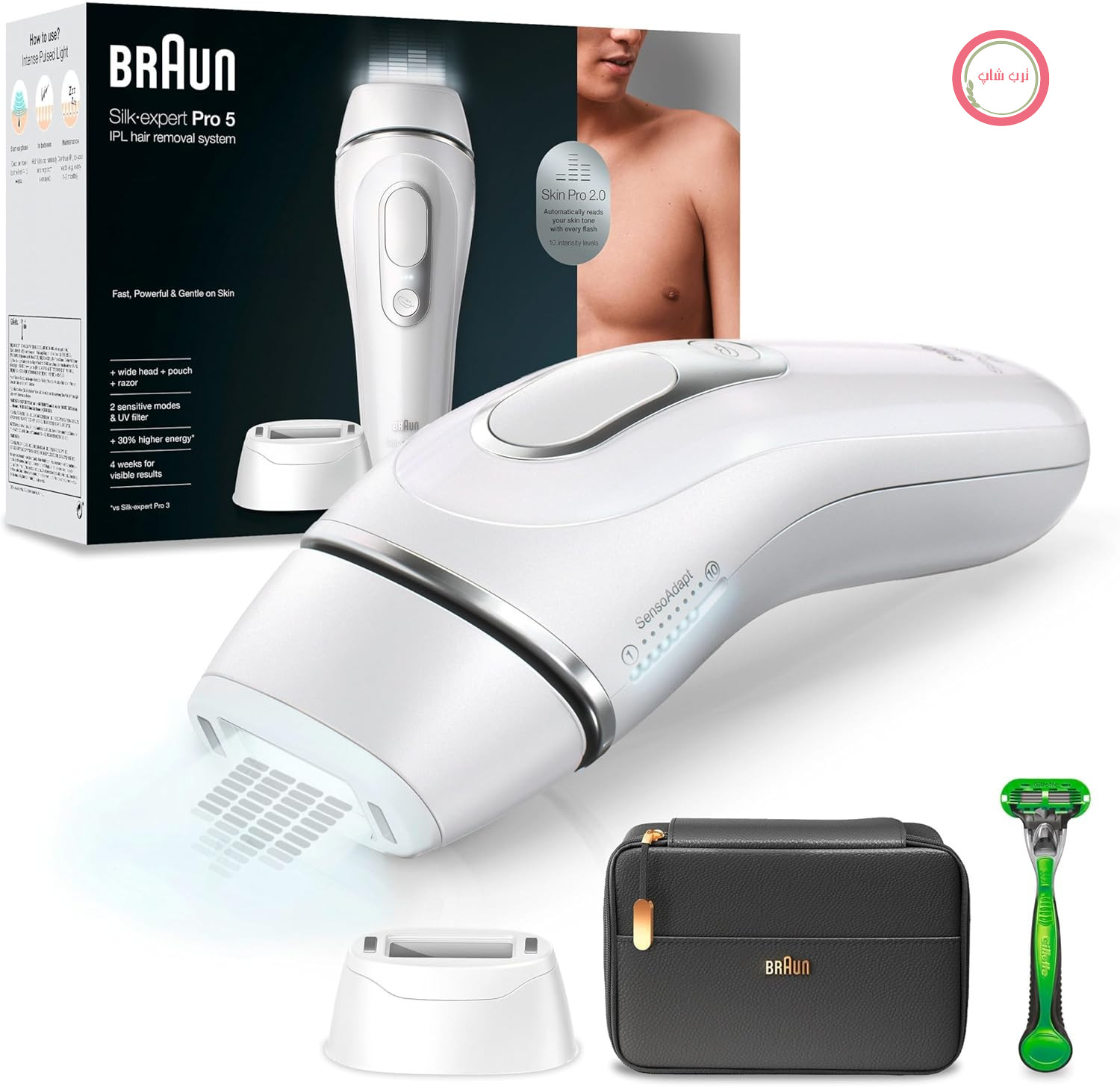 دستگاه رفع موهای زائد Braun IPL Silk Expert Pro 5 برای آقایان، 2 سری، رفع موهای زائد قابل مشاهده، طراحی شده در آلمان، تیغ بدن ژیلت، جایگزین لیزر موهای زائد، PL5145، سفید/نقره‌ای