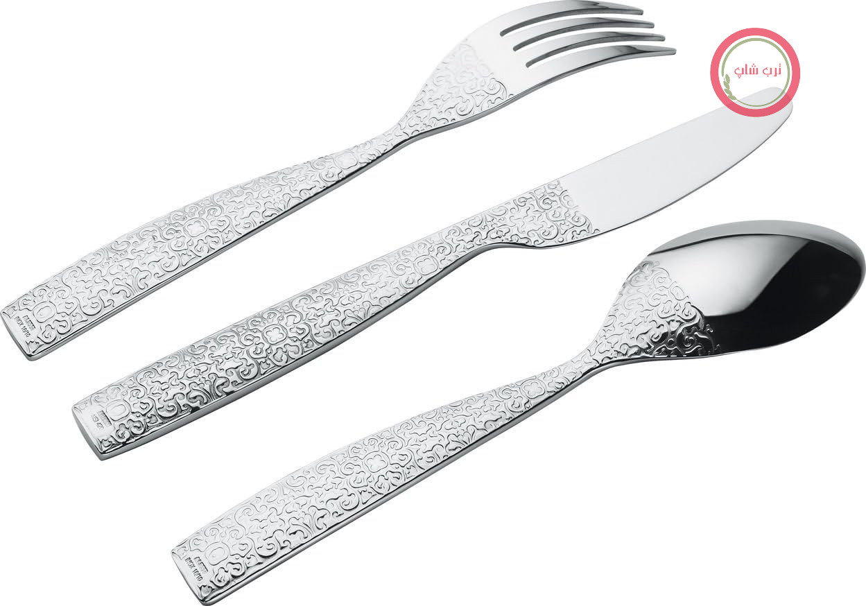 سرویس کارد و چنگال طرح‌دار السی ایتالیا Alessi MW03S5 شامل قاشق غذاخوری، چنگال غذاخوری، چاقوی غذاخوری و قاشق چایخوری - استیل ضد زنگ 18/10، براق و درخشان با تزئینات برجسته