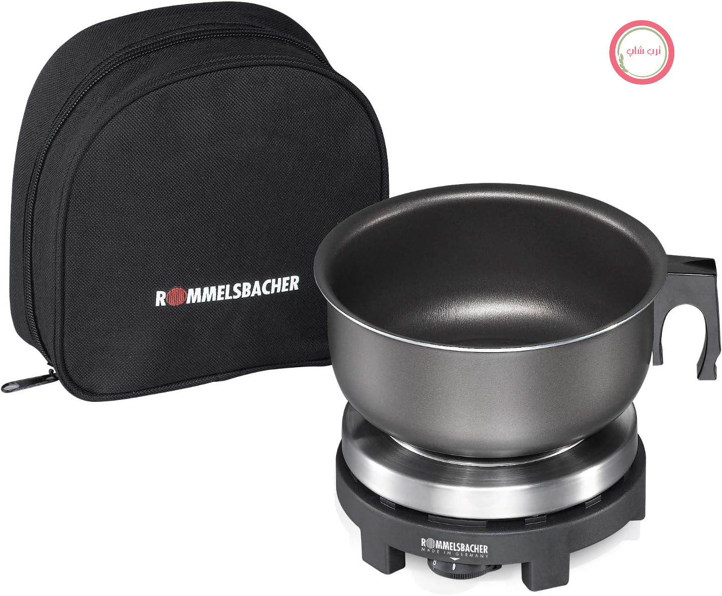 اجاق گاز مسافرتی ROMMELSBACHER مدل RK 501/SU - ساخت آلمان، صفحه گرمایش چدنی با قطر 80 میلی‌متر، با دیگ و بدنه آلومینیومی، کنترل دمای بی‌نهایت متغیر، قابلیت تغییر ولتاژ بین 115/230 ولت، ایده‌آل برای سفر، 500 وات، استیل ضد زنگ/مشکی