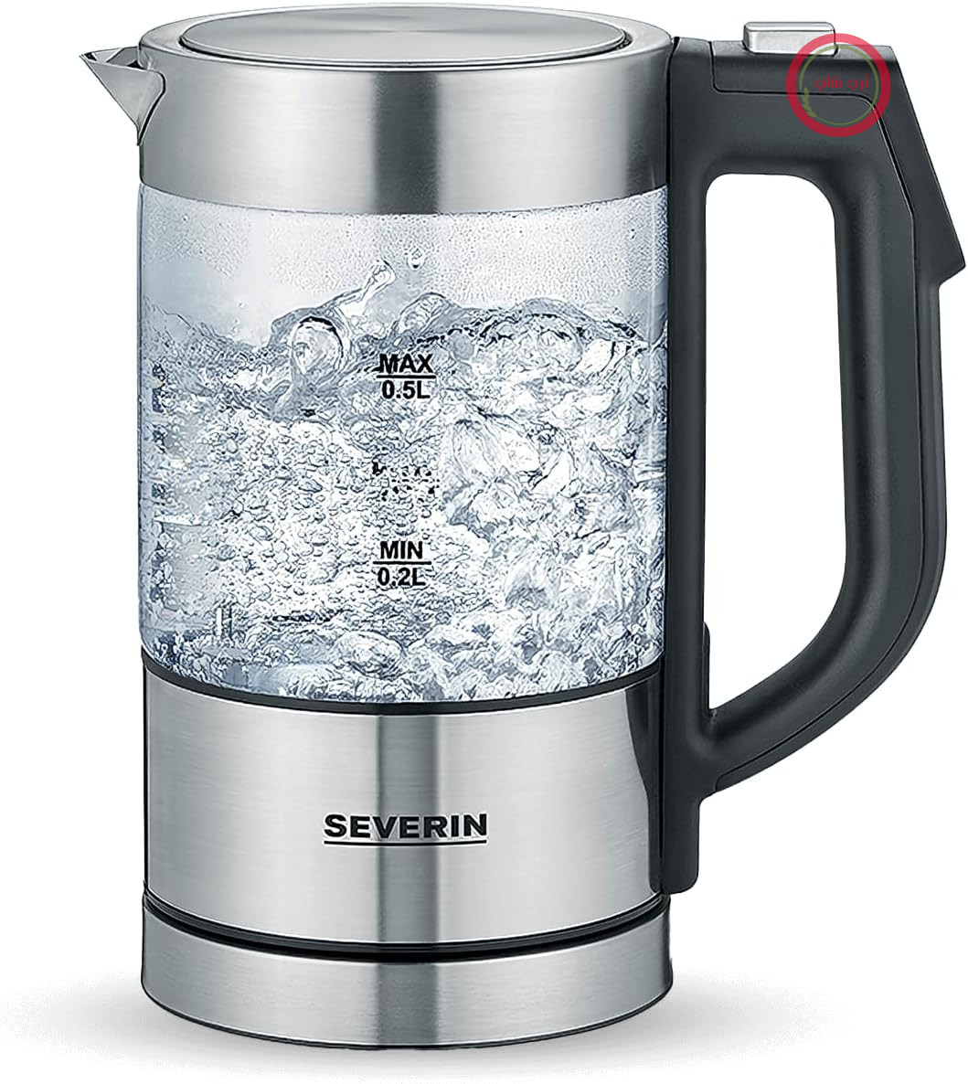 کتری برقی سورین آلمان SEVERIN، کتری برقی جمع و جور با قابلیت انتخاب دما، دارای فیلتر رسوب آهک، 0.5 لیتر، استیل ضد زنگ برس خورده، شیشه، مشکی، WK 3458