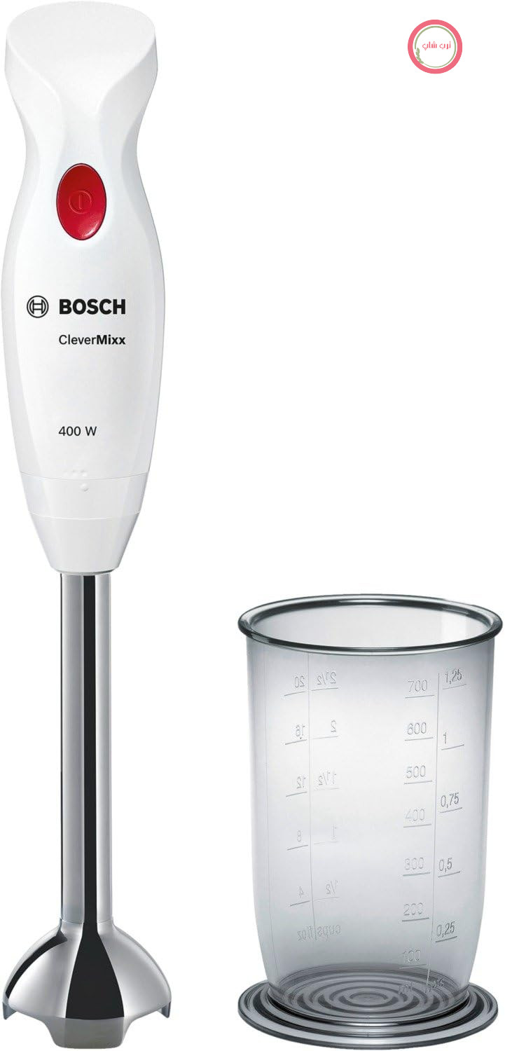 مخلوط کن دستی Bosch CleverMixx MSM24100، 400 وات، پایه مخلوط کن از جنس استیل ضد زنگ، پیمانه/مخلوط کن، 4 تیغه، سفید