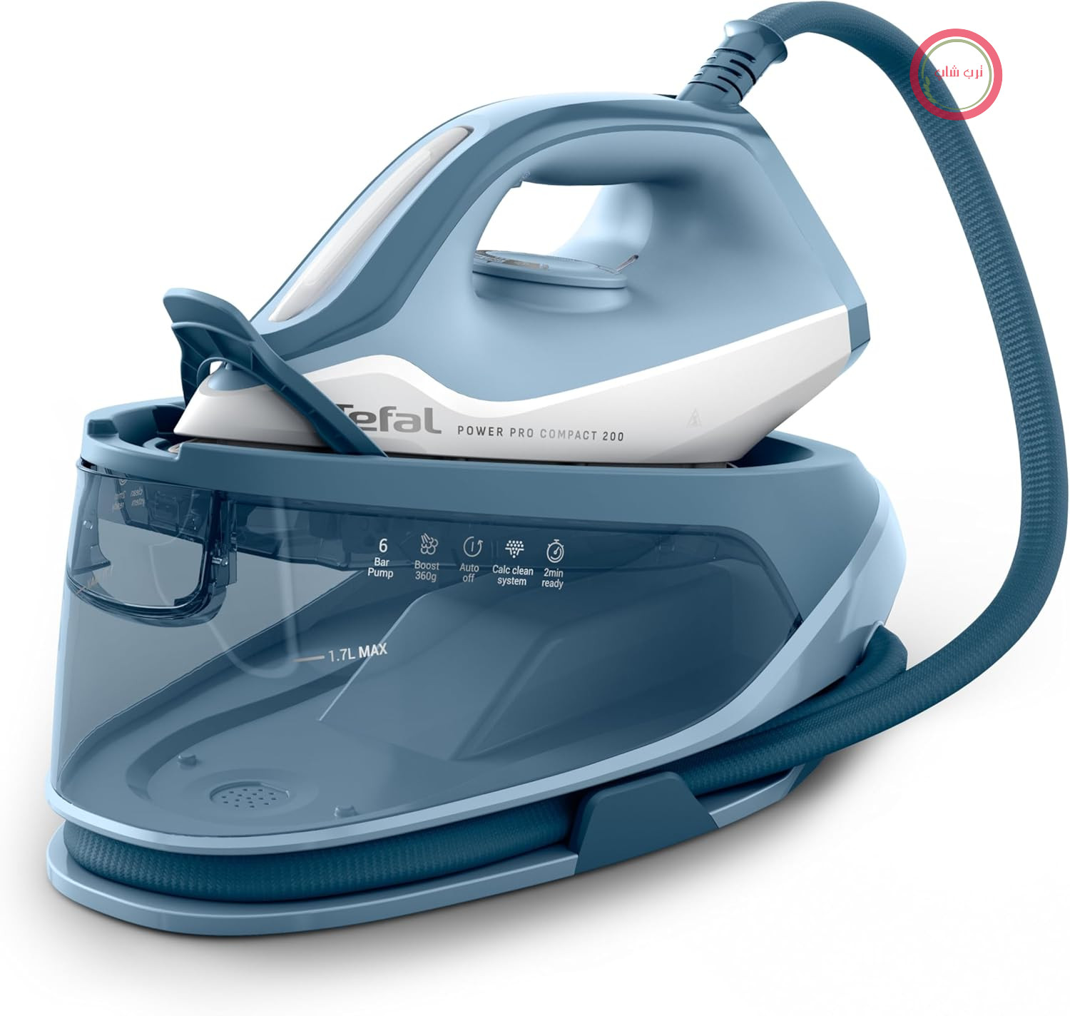 اتو بخار تفال مدل Power Pro Compact 200، 2400 وات، سبک و جمع و جور، بخار متغیر 120 گرم در دقیقه، بخار لحظه‌ای 360 گرم در دقیقه، مخزن آب 1.7 لیتری، کف سرامیکی، ضد رسوب، آبی/سفید، SV6210E0