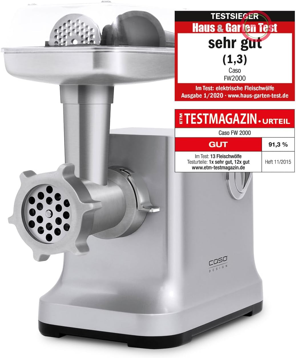 چرخ گوشت برقی کاسو آلمان CASO FW 2000، توان اسمی 800وات، حداکثر توان 2000وات و سری شیرینی‌ساز