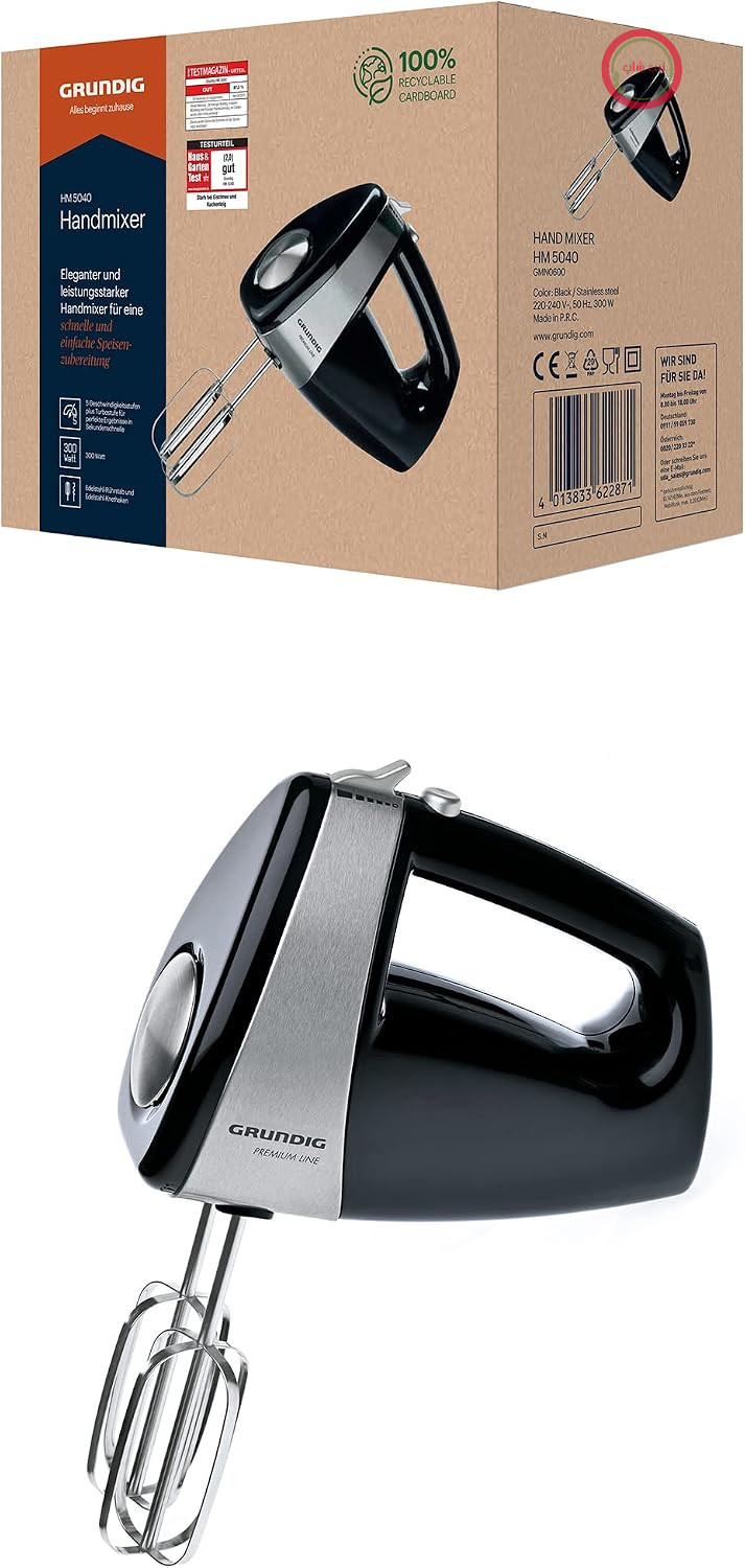 همزن دستی Grundig HM 5040 Premium (300 وات)، مشکی-نقره‌ای