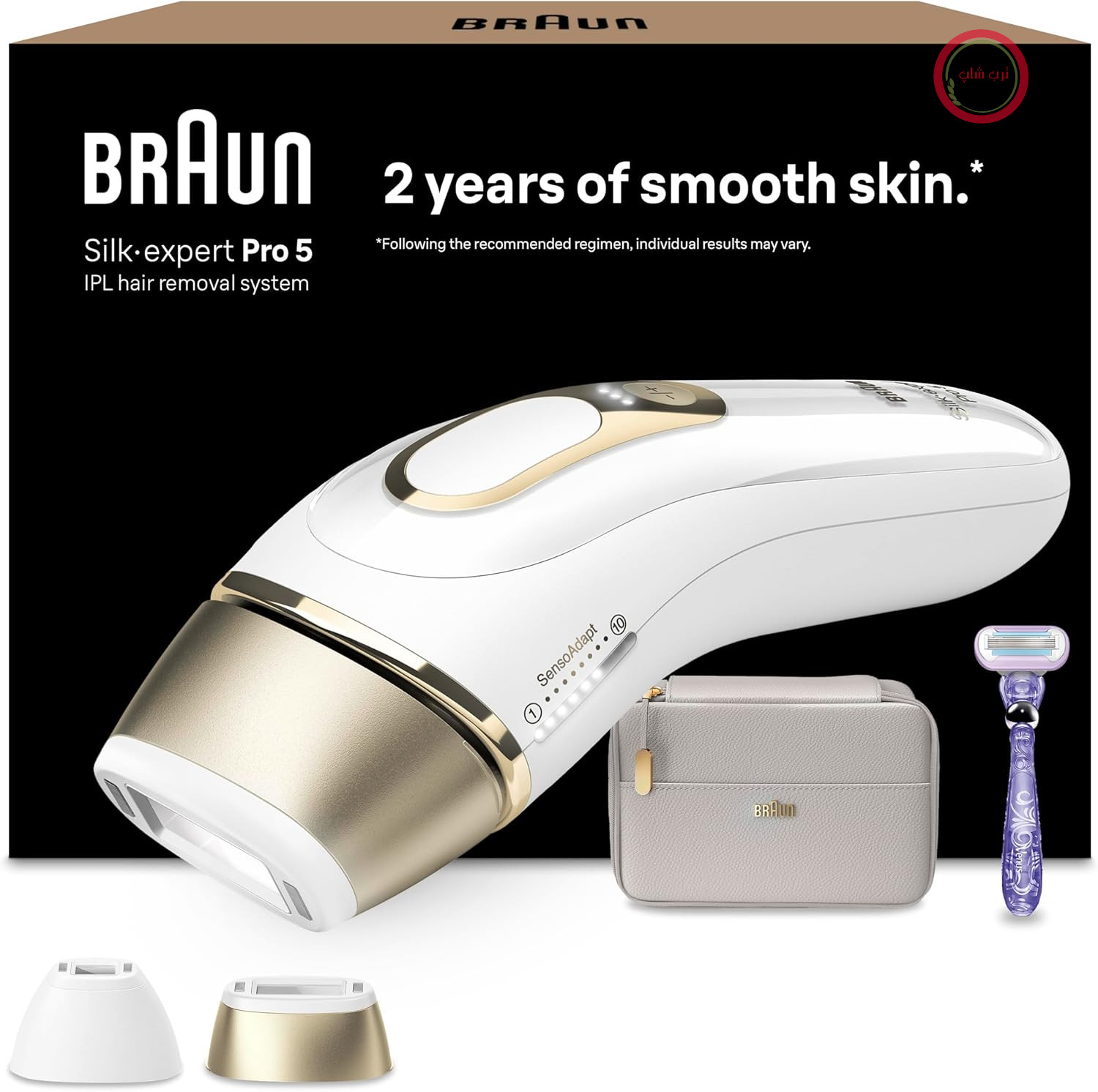 دستگاه رفع موهای زائد خانگی Braun IPL Silk-Expert Pro 5 با کیف حمل، سری دقیق و تیغ Venus، جایگزین لیزر موهای زائد، هدیه برای خانم‌ها، سفید/طلایی، PL5137