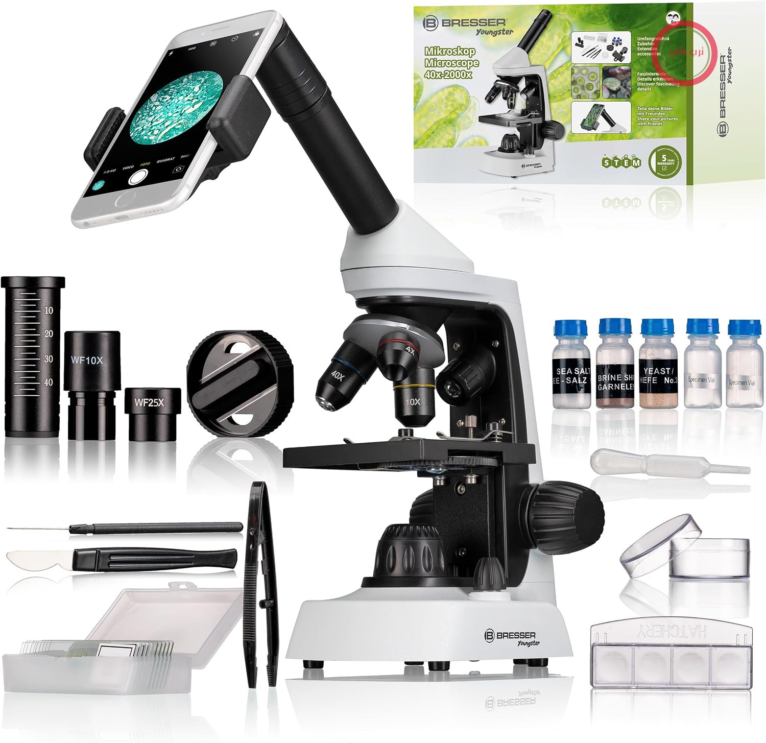 میکروسکوپ Bresser Junior با بزرگنمایی 40x-2000x به همراه پایه نگهدارنده نوآورانه گوشی هوشمند و نورپردازی LED با نور تابشی و عبوری قابل تنظیم