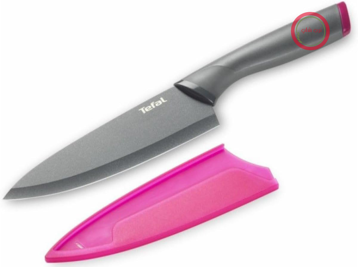 چاقوی سرآشپز Tefal Fresh Kitchen، 15 سانتی‌متر، تیغه استیل ضد زنگ + روکش نچسب تقویت‌شده با تیتانیوم، غلاف محافظ، آنتراسیت/صورتی