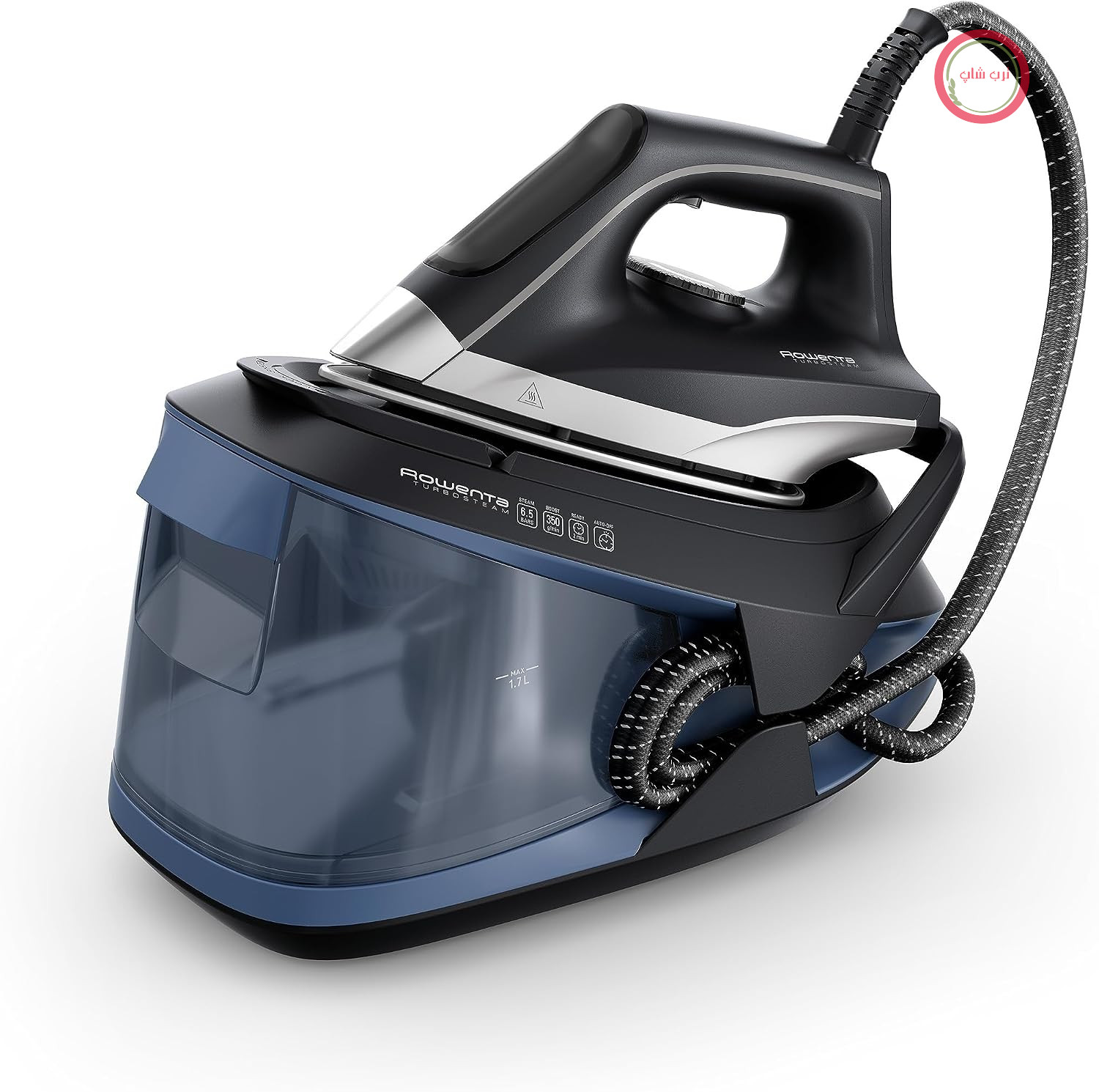 اتو بخار مخرن دار روونتا آلمان توربو استیم Rowenta VR8325، 2600 وات، 120 گرم در دقیقه بخار مداوم، 350 گرم در دقیقه بخار اضافی، گرمایش سریع، مخزن آب 1.7 لیتری، سیستم ضد رسوب، حالت اقتصادی، مشکی/آبی