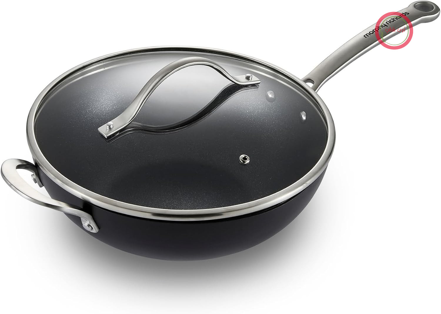 ماهیتابه مورفی ریچاردز انگلستان Morphy Richards Mastery 850704 ILAG ساخته شده از آلومینیوم، روکش نچسب، با درب شیشه‌ای سکوریت، القایی، گازی، سازگار با برق، بدون PFAS، دسته‌های استیل ضد زنگ، 28 سانتی‌متر