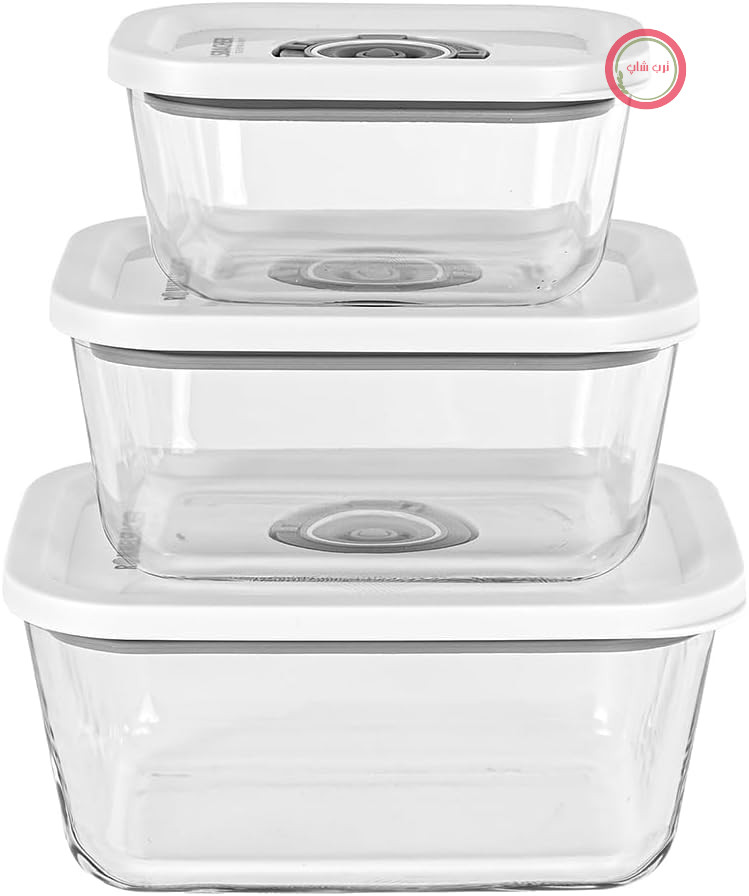 مجموعه ظروف وکیوم Rommelsbacher VCG 1، 3 ظرف، شیشه بوروسیلیکات، بدون BPA، مقاوم در برابر حرارت، قابل شستشو در ماشین ظرفشویی، قابل استفاده در فریزر، شامل شلنگ و آداپتور وکیوم برای درزگیرهای وکیوم سایر برندها