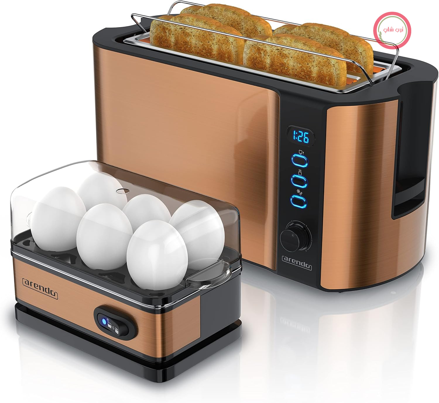 آرندو - دستگاه پخت تخم مرغ SIXCOOK با توستر FRUKOST، جنس استیل ضد زنگ، مس، توستر ۴ تکه، صفحه نمایش LED، ۶ سطح برشته کردن، جای نان - پخت تخم مرغ ۱-۶ عدد، پیمانه مدرج
