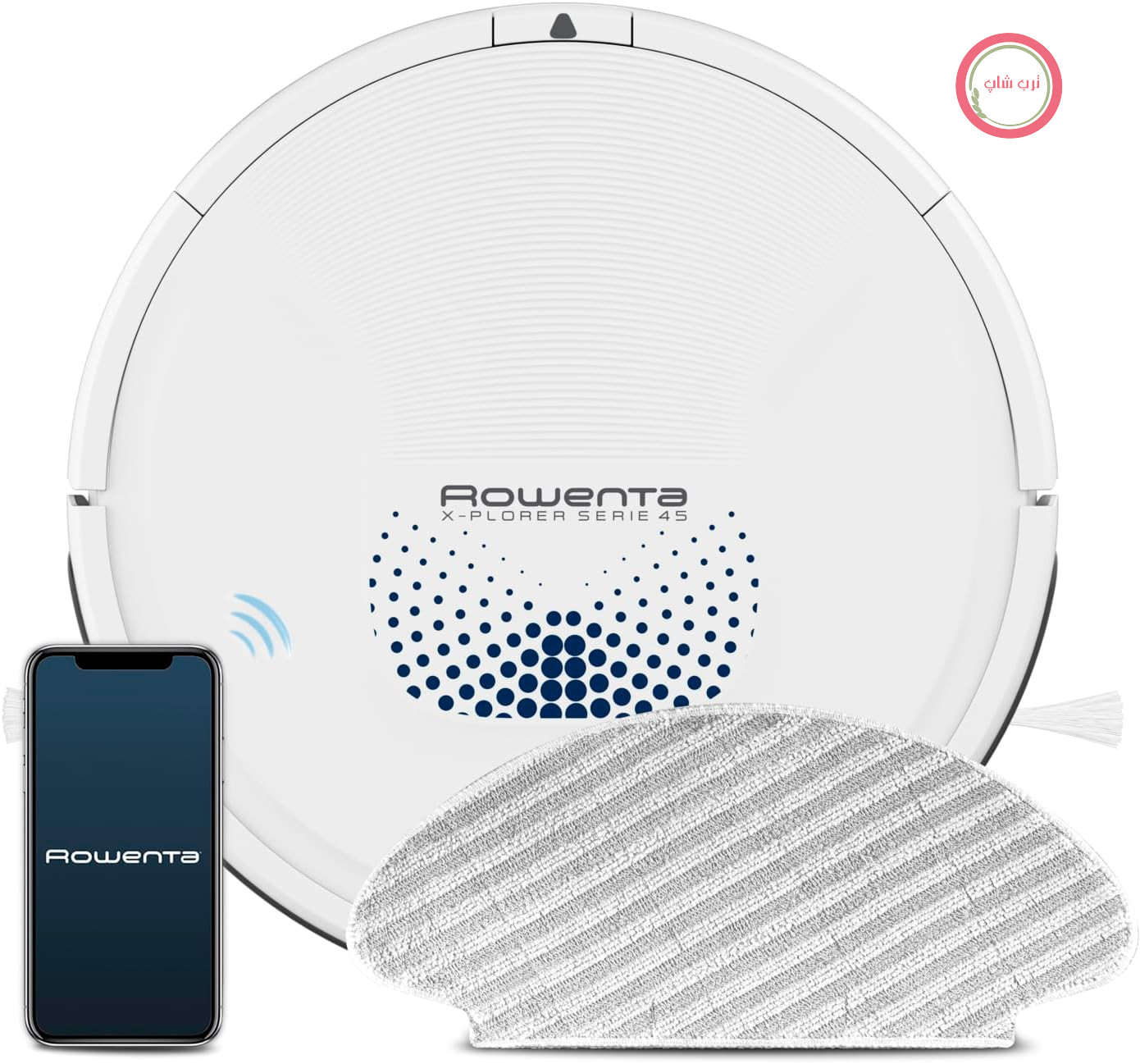 جارو رباتیک تی کش روونتا آلمان Rowenta X-Plorer Series 45 AQUA، سیستم ناوبری، جاروبرقی و تی کشیدن، کنترل از طریق اپلیکیشن، ۱۵۰ دقیقه کارکرد، برای فضای نشیمن ۹۰ متر مربع، جاروبرقی رباتیک با قابلیت تی کشیدن، سفید، RR8277