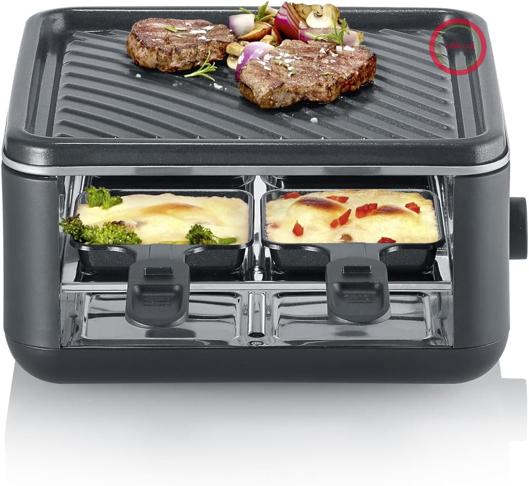 گریل راکلت سورین آلمان SEVERIN مدل Mini Raclette برای 4 نفر، راکلت کوچک با صفحه گریل نچسب، قابلمه‌های بسیار عمیق، گریل رومیزی جمع و جور، قدرت 600 وات، بلک لاین، RG 2360