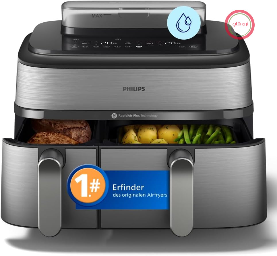 سرخ کن هوای گرم فیلیپس مدل Steam Airfryer 5000، نقره‌ای، 9 لیتر | 2 سبد، بخارپز و سرخ کردن، SteamFry، فناوری RapidAir Plus، 12 عملکرد پخت، برنامه HomeID (NA555/00)