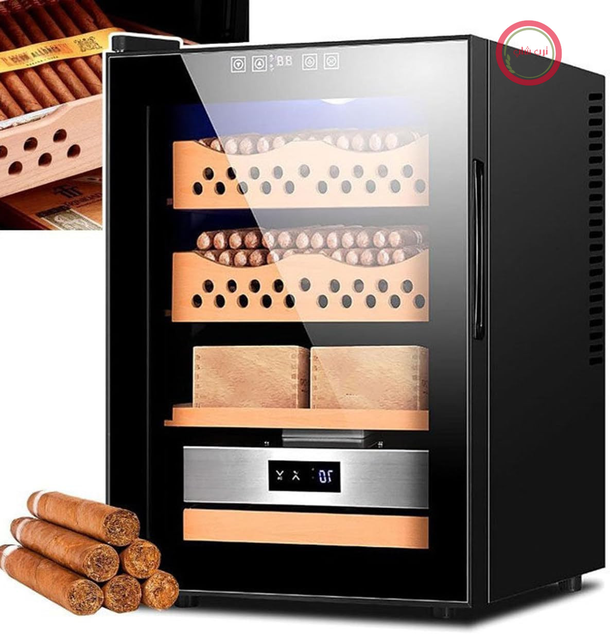 محفظه رطوبت گیر سیگار الکترونیکی با روکش چوب سدر، کنترل دما و کشوهای 4 طبقه برای نگهداری بهینه