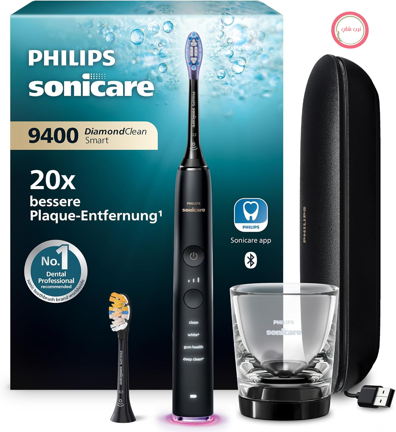 مسواک برقی Philips Sonicare DiamondClean Smart 9400، مسواک سونیک با اپلیکیشن، حسگر فشار، تشخیص سر مسواک، ۴ حالت تمیز کردن و ۳ سطح شدت، مشکی، مدل HX9917/89
