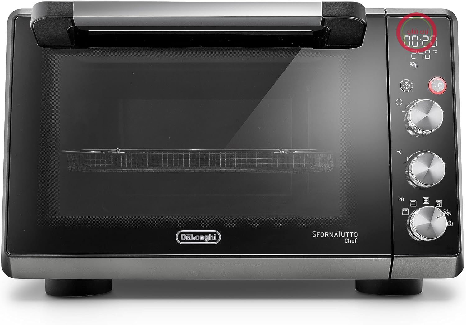 فر برقی دلونگی مدل Sfornatutto Chef DO34326، دارای تهویه، ۶ عملکرد پخت، صفحه نمایش LCD، دما ۸۰ تا ۲۴۰ درجه سانتیگراد، تایمر، ۱۲۰ اینچ، دارای گریل و سبد، ظرفیت ۳۴ لیتر، ۲۰۰۰ وات