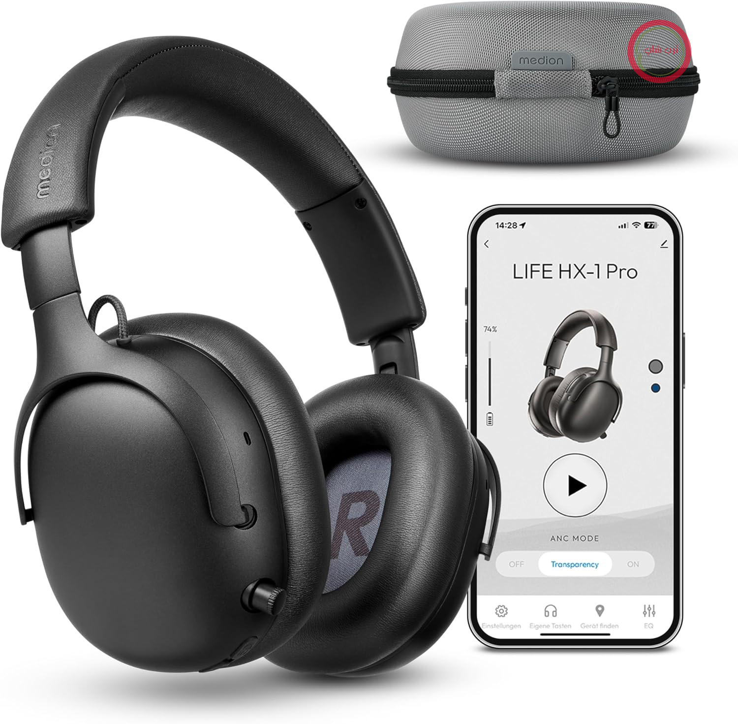 هدفون روگوشی MEDION مدل HX-1 Pro (بی‌سیم، حذف نویز فعال هیبریدی، بلوتوث ۶.۰، بی‌سیم، ۷+۱ تنظیم اکولایزر، عمر باتری تا ۱۹۰ ساعت، ضد آب با استاندارد IPX4) با رنگ آنتراسیت شهری