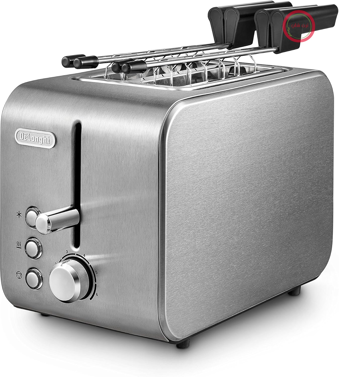 توستر دلونگی CTX2203.S با انبر، کنترل برشته کردن تدریجی، ۳ عملکرد، سینی خرده نان، پایه‌های ضد لغزش، ۵۵۰ وات، پلاستیک، نقره‌ای