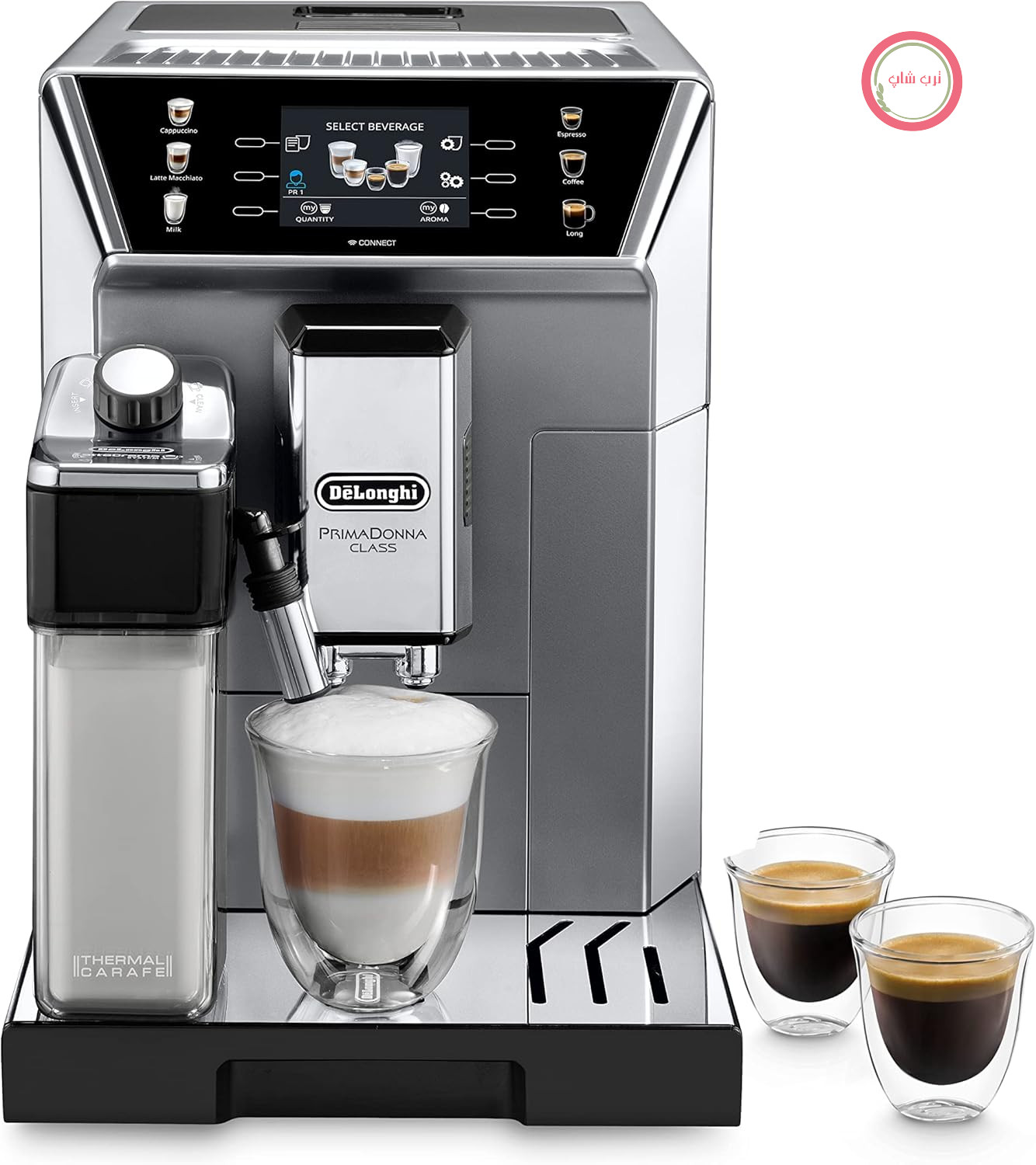 دستگاه قهوه ساز تمام اتوماتیک De'Longhi PrimaDonna Class ECAM 550.85.MS با سیستم شیر LatteCrema، کاپوچینو و اسپرسو تنها با لمس یک دکمه، صفحه نمایش رنگی 3.5 اینچی TFT و کنترل برنامه، نقره‌ای