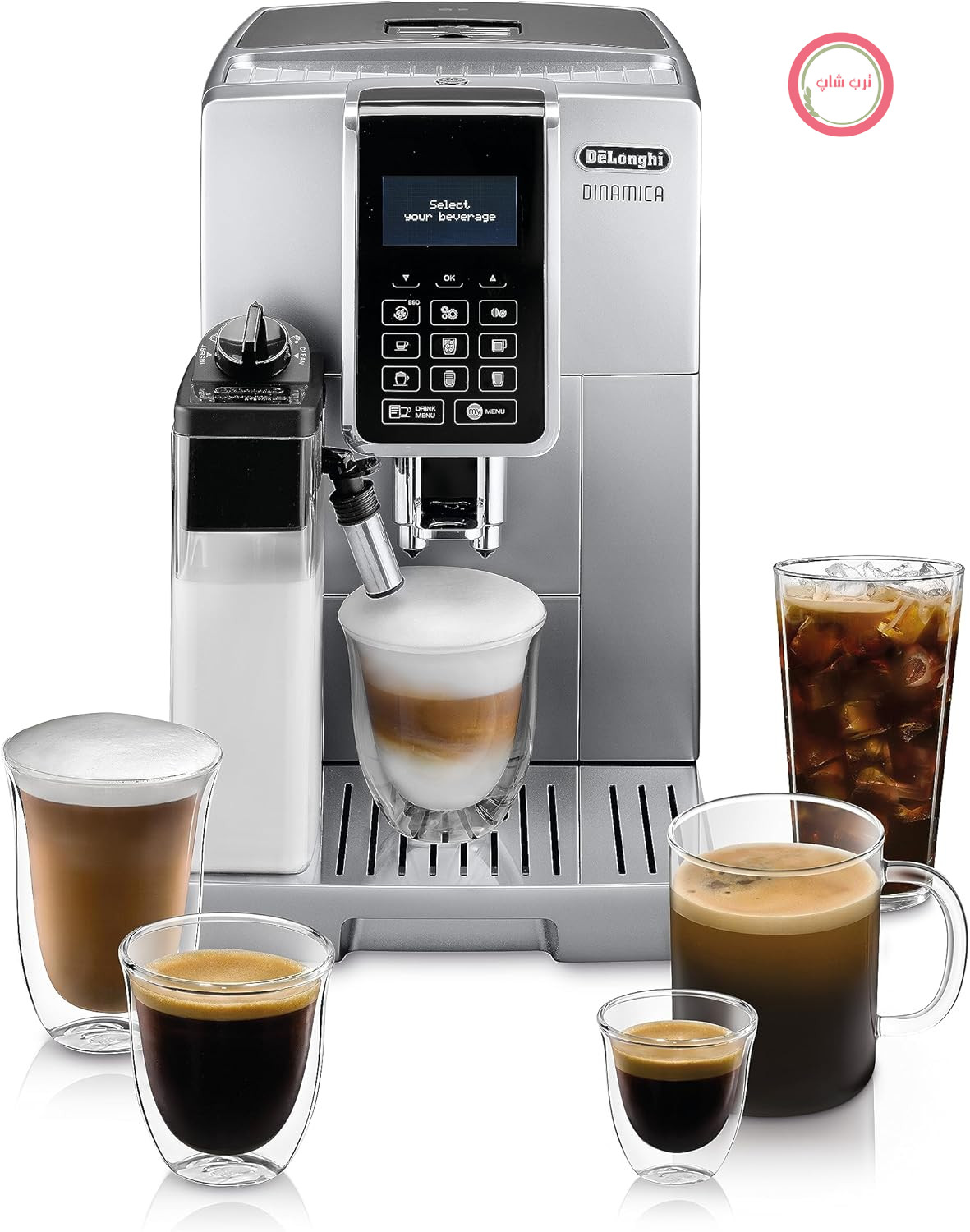دستگاه قهوه ساز تمام اتوماتیک De'Longhi Dinamica ECAM 350.75.S با سیستم شیر LatteCrema، کاپوچینو و اسپرسو تنها با لمس یک دکمه، صفحه نمایش دیجیتال، عملکرد ۲ فنجان، مخزن آب بزرگ ۱.۸ لیتری، نقره‌ای
