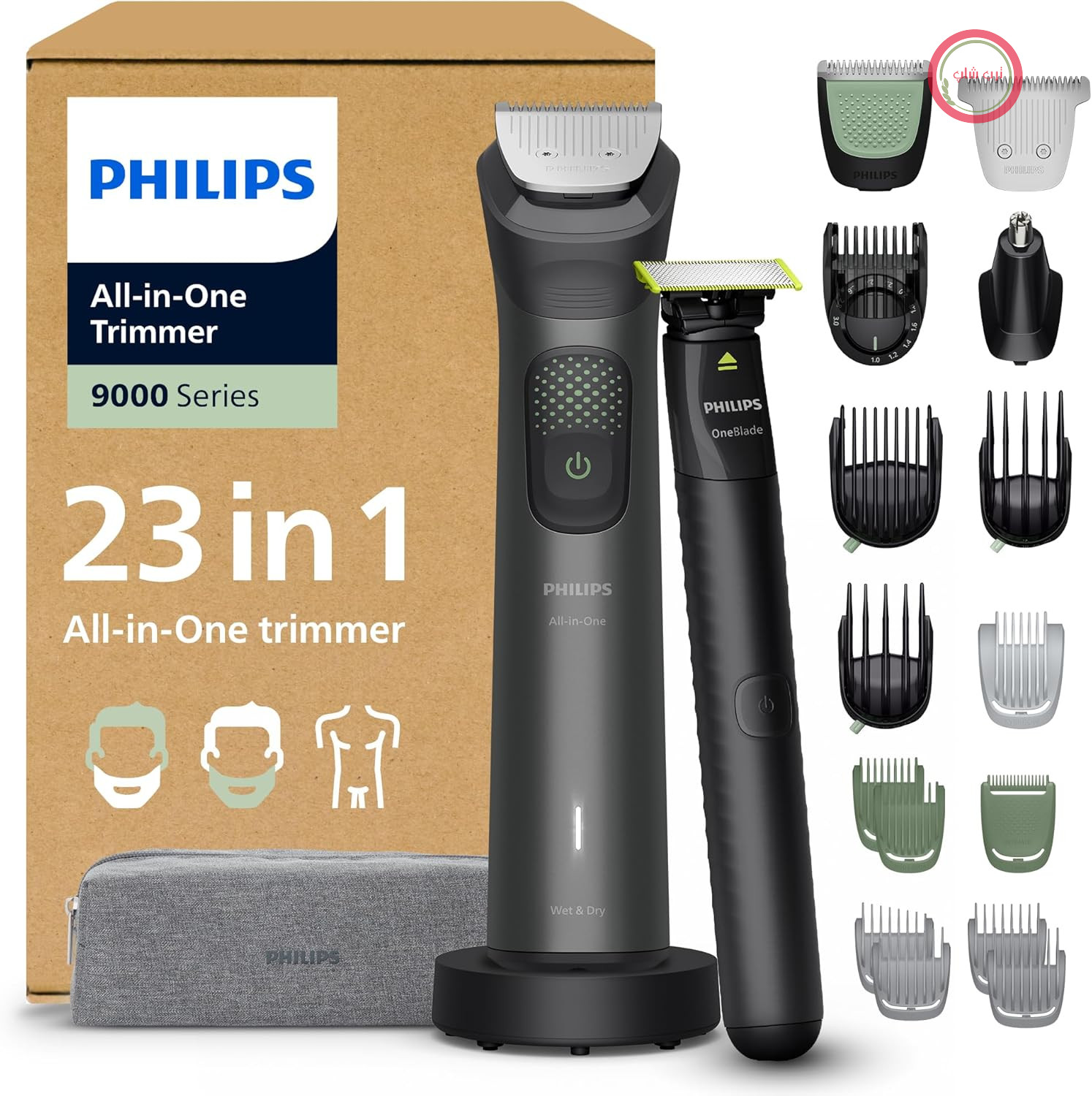 ماشین اصلاح ریش، اصلاح موی سر و اصلاح تک تیغه فیلیپس سری 9000 مدل Multigroom، شامل 23 قطعه - کیت کامل مراقبت از صورت، سر و بدن، 27 حالت تنظیم طول (0.2-20 میلی‌متر)، MG9561/30