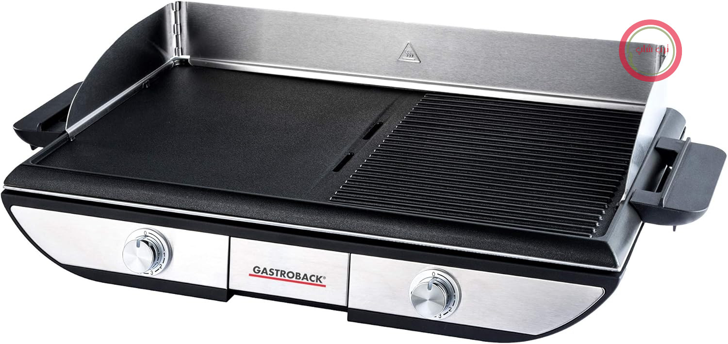 کباب‌پز رومیزی طرح‌دار GASTROBACK شماره ۴۲۵۲۳ مدل Advanced Pro BBQ - کباب‌پز رومیزی برقی ۲۳۰۰ وات، سطح کباب‌پز ۱۵۰۰ سانتی‌متر مربع - تمیز کردن آسان - صفحات کباب‌پز قابل جدا شدن - استیل ضد زنگ نقره‌ای