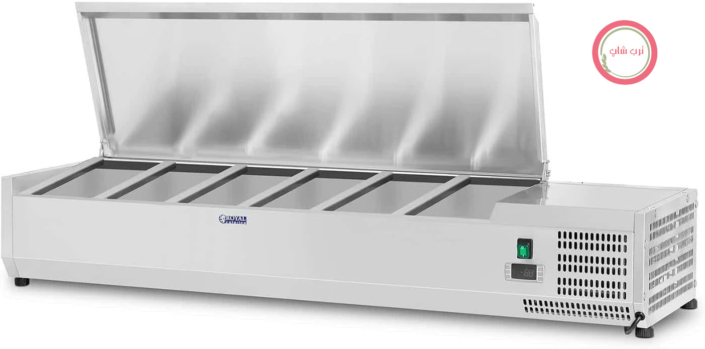 ویترین یخچالی رویال کترینگ مدل RCKV-140/33-6S (140 × 33 سانتی‌متر، 40 لیتر، برای 6 عدد ظرف GN ¼، 2-10 درجه سانتی‌گراد، 110 وات، R600a، ترموستات، عملکرد یخ‌زدایی، درب استیل ضد زنگ)