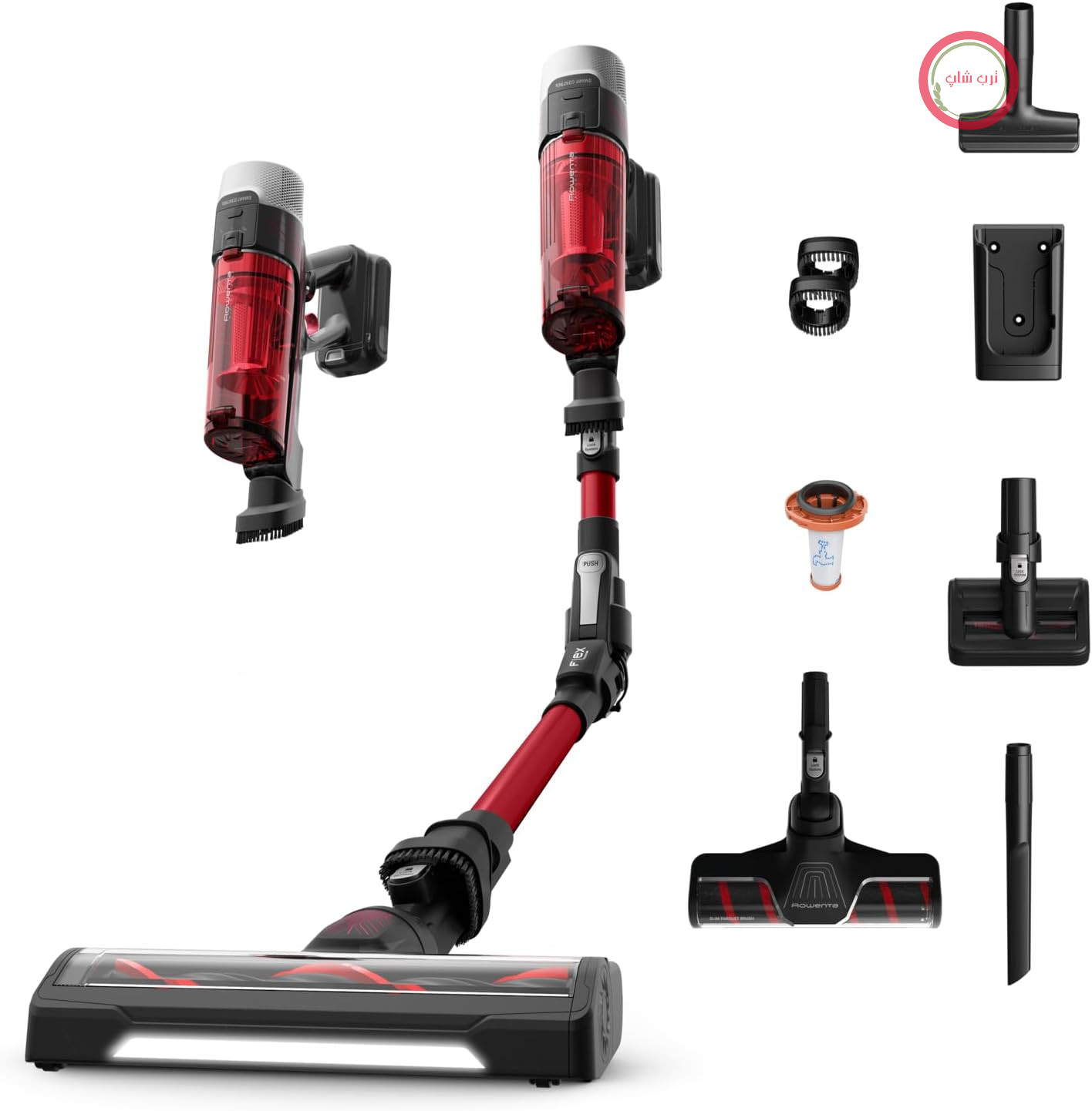 جارو شارژی روونتا آلمان بی‌سیم Rowenta X-Force Flex 9.60 Complete، قدرت تمیز کردن عمیق، جاروبرقی بی‌سیم ۱۰۰ وات، مجموعه کامل تمیز کردن، چراغ‌های LED، باتری بادوام، قرمز، RH2099WO