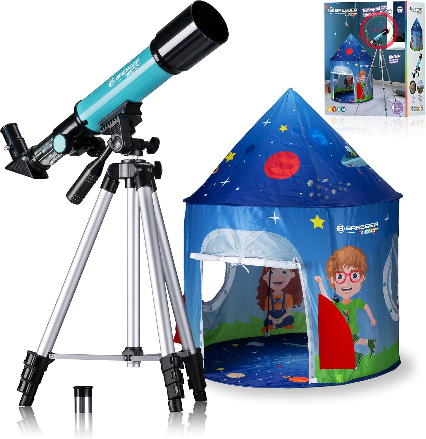 تلسکوپ Bresser Junior 50/360 Lens Telescope for Kids - مجموعه مقدماتی نجوم با چادر، تلسکوپ شکستی، سه پایه، مقر سمت-ارتفاعی، چشمی‌ها و قطر ستاره، آبی