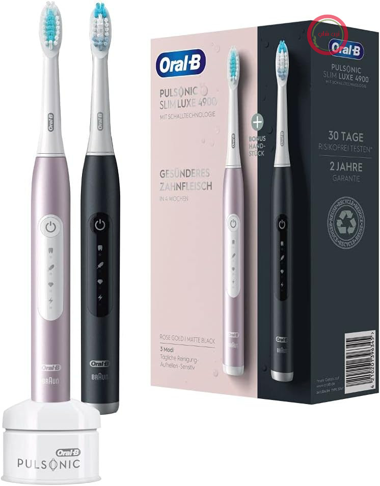 مسواک برقی سونیک اورال-بی مدل Pulsonic Slim Luxe 4900، بسته دوتایی، 2 سر مسواک، 3 حالت تمیز کردن برای مراقبت از دهان و دندان، هدیه برای آقایان/خانم‌ها، طراحی شده توسط براون، مشکی/رزگلد