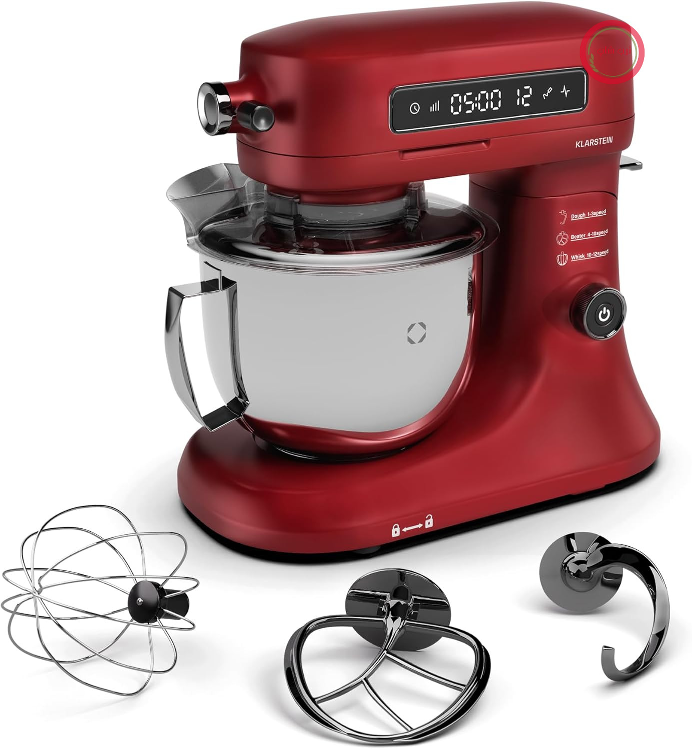 غذاساز Klarstein Chiara 1600W – کاسه استیل ضد زنگ 5 لیتری، 12 سرعته، صفحه نمایش لمسی LCD، صدای کم ≤72 دسی بل، مجموعه خمیرگیر قابل شستشو در ماشین ظرفشویی، بدنه آلومینیومی ریخته گری شده، قرمز