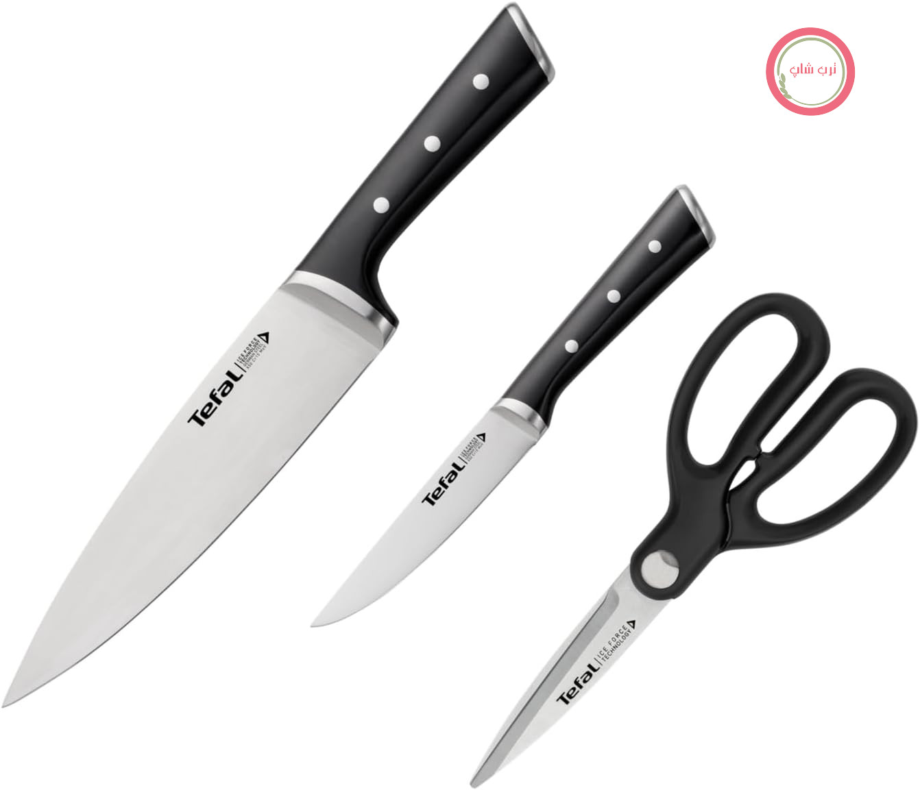 ست چاقوی سه تکه Tefal Ice Force، چاقوی سرآشپز، چاقوی همه کاره، قیچی آشپزخانه، تیغه استیل ضد زنگ آلمانی، عملکرد برش و تیزی طولانی مدت، استیل ضد زنگ/مشکی، K232S355