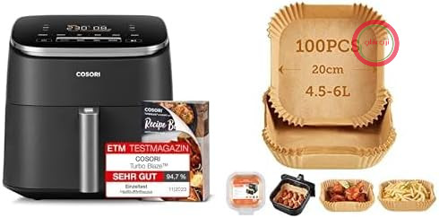 سرخ کن هوای گرم کوزوری توربوبلیز، سرخ کن هوای گرم 9 کاره XXL 6L، موتور DC بی صدا با 5 تنظیم سرعت + کاغذ پخت کوزوری برای سرخ کن هوای گرم XXL 4-7.3 L، 100 عدد 20 سانتی متری