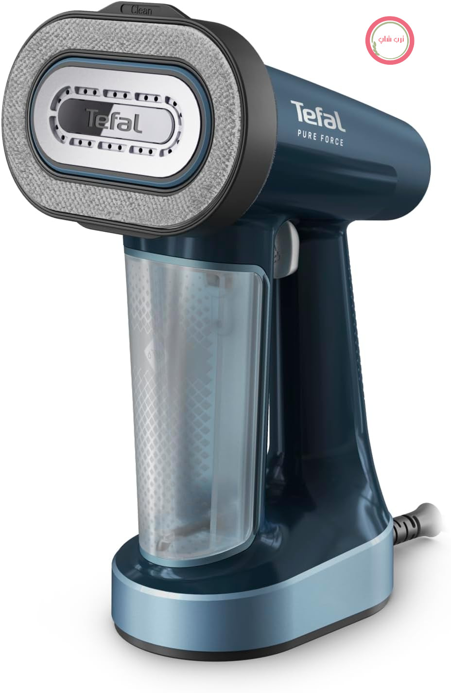 برس بخارشوی Tefal Pure Force 3-in-1، کفی سرامیکی، خروجی بخار 35 گرم در دقیقه، افزایش بخار 90 گرم در دقیقه، 4 تنظیم بخار، کناری پرزگیر، مخزن آب جداشدنی 180 میلی‌لیتری، 1800 وات، آبی، DT8755E0