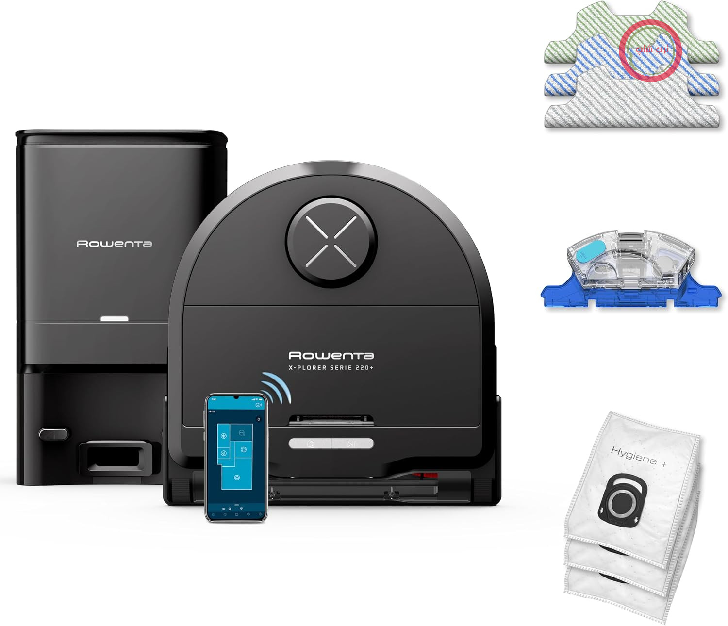 جارو رباتیک تی کش روونتا آلمان Rowenta Xplorer S220+ مخصوص حیوانات و آلرژی، مخصوص سطوح تر و خشک، ناوبری لیزری، ۱۲۰ دقیقه کارکرد، کنترل از طریق اپلیکیشن، تی ویبره، ایستگاه تخلیه خودکار، مشکی/فلزی، RR9495WH