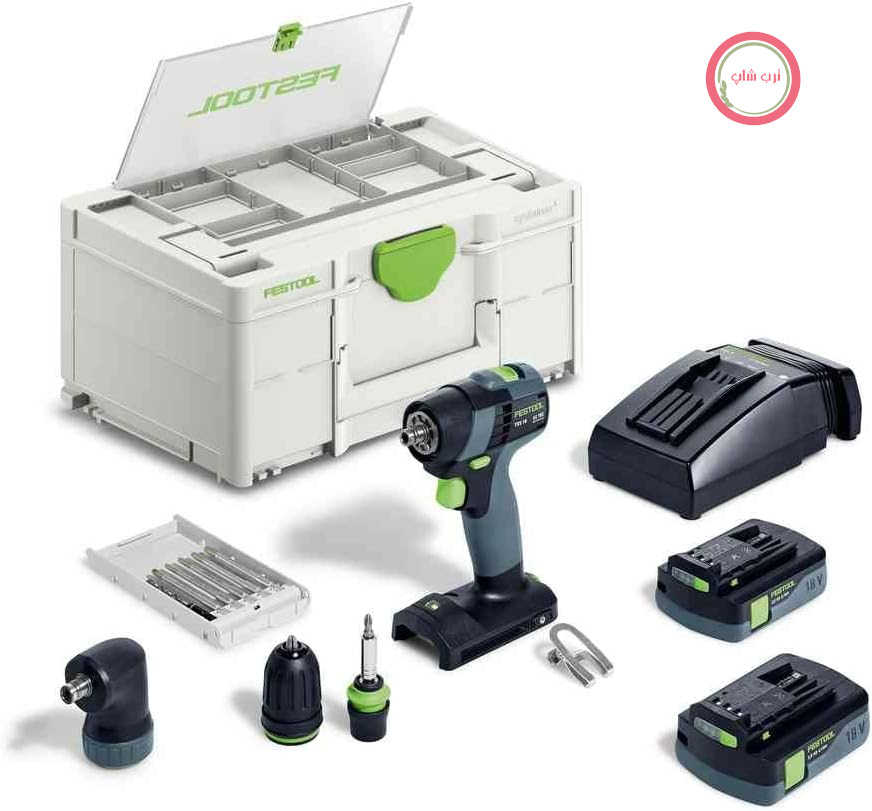 مجموعه دریل/پیچ‌گوشتی شارژی Festool – TXS 18 C 3.0 به همراه باتری‌های قلمی + شارژر سریع + نگهدارنده مته مغناطیسی + سه نظام + اتصال زاویه قائمه + سه نظام سریع‌الرها + کاست مته + مته + گیره کمربندی + Systainer