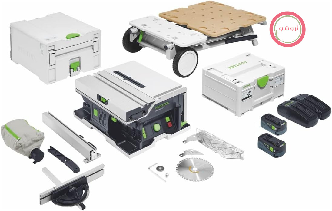 اره رومیزی بی‌سیم Festool CSC SYS 50 EBI (همراه با تیغه اره گرد، راهنمای موازی، دسته هل دهنده، قفل زاویه، کیسه جمع آوری گرد و غبار، چاقوی برش، آچار آلن، مجموعه برقی، پایه)
