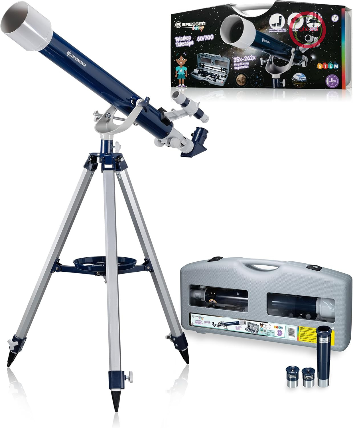 تلسکوپ شکستی Bresser مدل Junior 60/700 AZ به همراه سه پایه سمت ارتفاعی، جوینده LED، کیف حمل و نقل و سایر لوازم جانبی