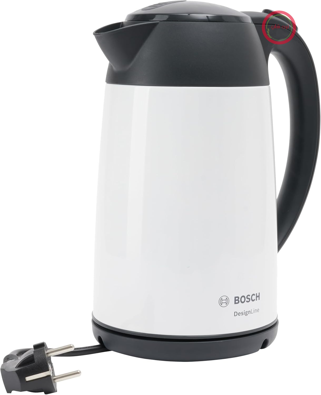 کتری بی‌سیم Bosch DesignLine TWK3P421، بدون پاشش آب، نشانگر فنجان، نشانگر سطح آب، محافظت در برابر گرمای بیش از حد، 1.7 لیتر، 2400 وات، سفید