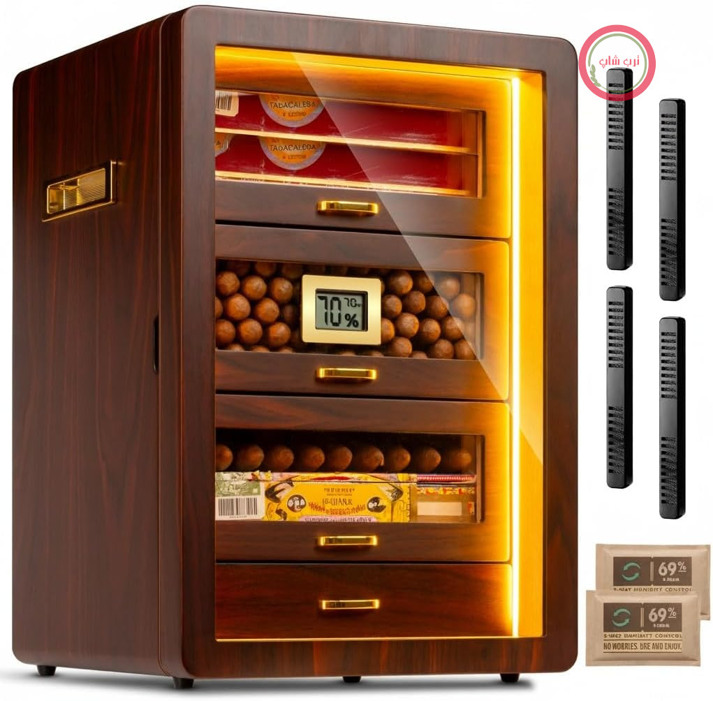کابینت رطوبت گیر سیگار با رطوبت سنج دیجیتال، رطوبت ساز، 5 کشوی سرو، چراغ سه طرفه، گنجایش 500 سیگار برگ مردانه