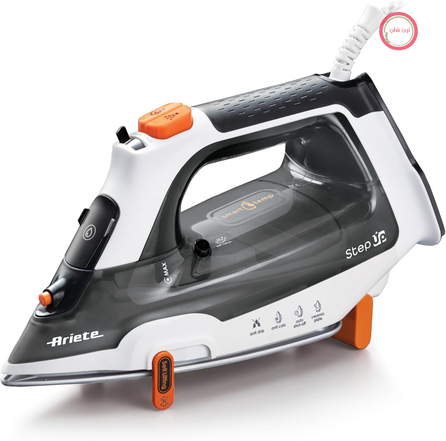 اتوی هوشمند Ariete 6190 Step UP، دارای پایه‌های هوشمند، صفحه سرامیکی Ultraglide با 57 سوراخ، مخزن 320 میلی‌لیتری، 2400 وات، بخاردهی مداوم 30 گرم در دقیقه