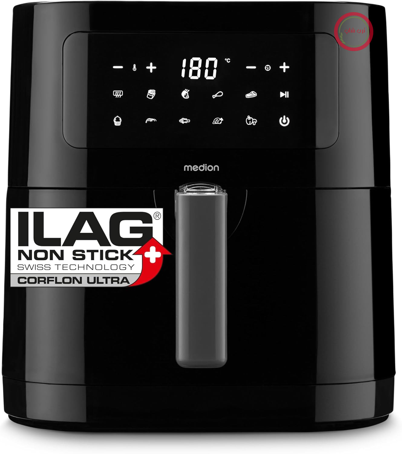 سرخ کن هوای گرم MEDION E40 XL (5.2 لیتر، هواپز، 2150 وات، 9 برنامه خودکار، قابلیت پخت، سرخ کردن بدون روغن، پنل کنترل لمسی، صفحه نمایش LED، MD 11740) مشکی