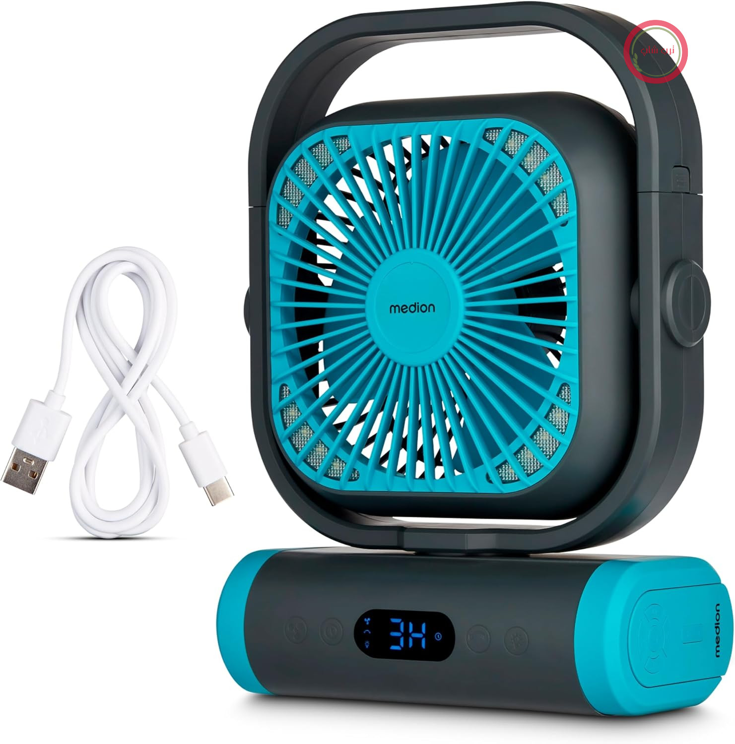 پنکه MEDION مدل E10 TF (باتری خور، مینی پنکه، پنکه کوچک USB با چراغ، کنترل از راه دور، 5 سرعته، نوسانی، قلاب آویز، قابلیت پاوربانک، ایده‌آل برای دفتر، کمپینگ، چادر) آبی