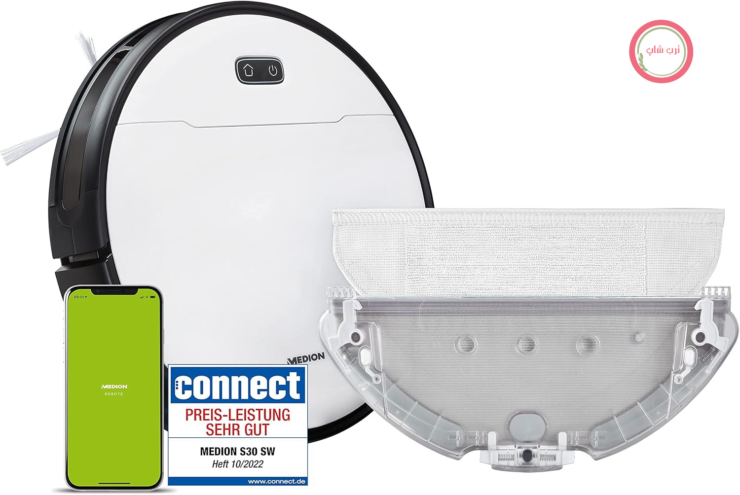 جاروبرقی رباتیک MEDION با قابلیت تی کشیدن و ناوبری هوشمند S30 SW (2800 پاسکال، کنترل از طریق اپلیکیشن الکسا، جاروبرقی کشیدن و تی کشیدن همزمان، خروجی آب قابل تنظیم، بهینه شده برای افراد مبتلا به آلرژی به موی حیوانات خانگی)