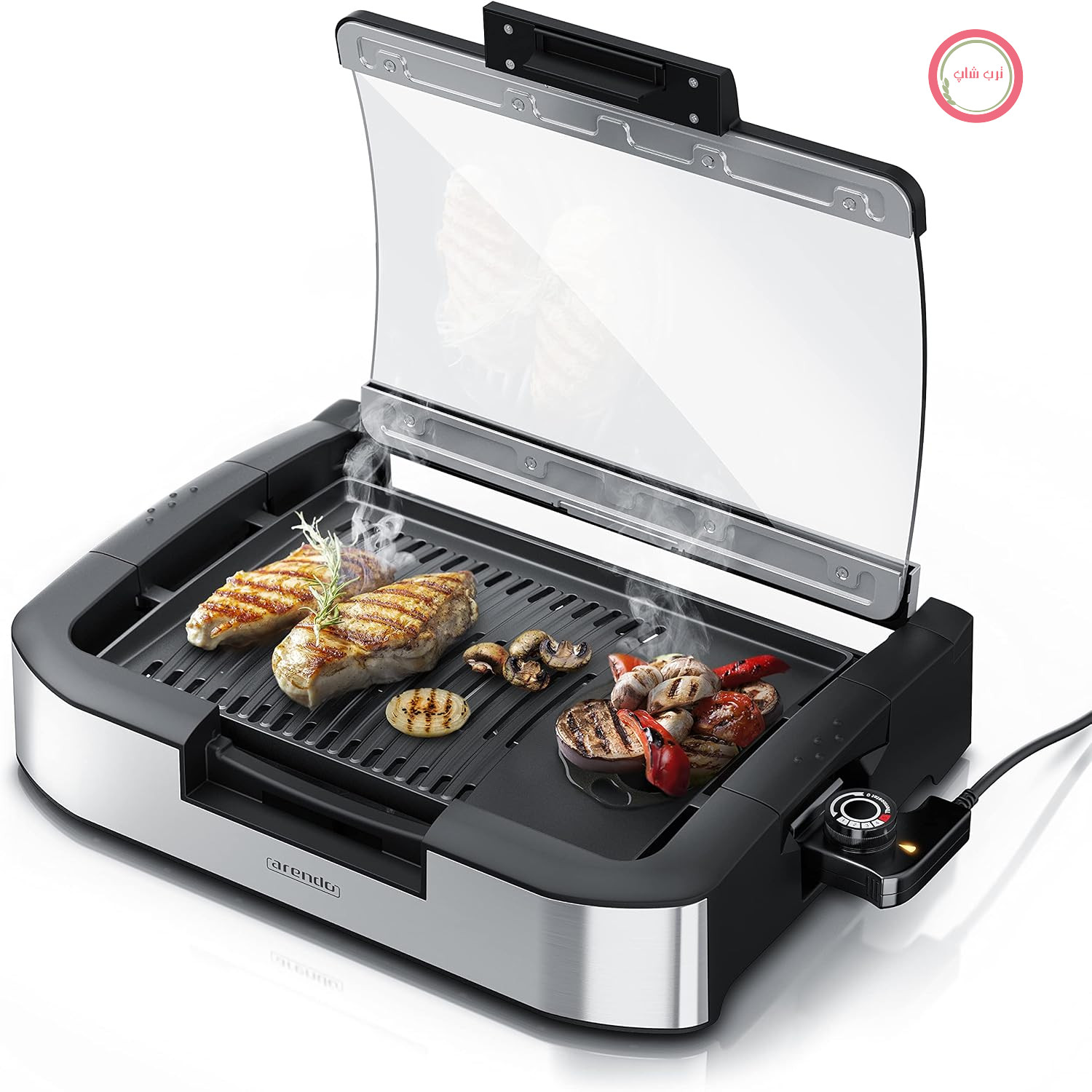 گریل برقی رومیزی Arendo - Gourmet، استیل ضد زنگ - 1800 وات - با پوشش شیشه‌ای - مناسب برای بالکن، باغ، فضای داخلی - روکش نچسب - کنترل دما در 5 سطح - دارای گواهینامه GS - بدون BPA